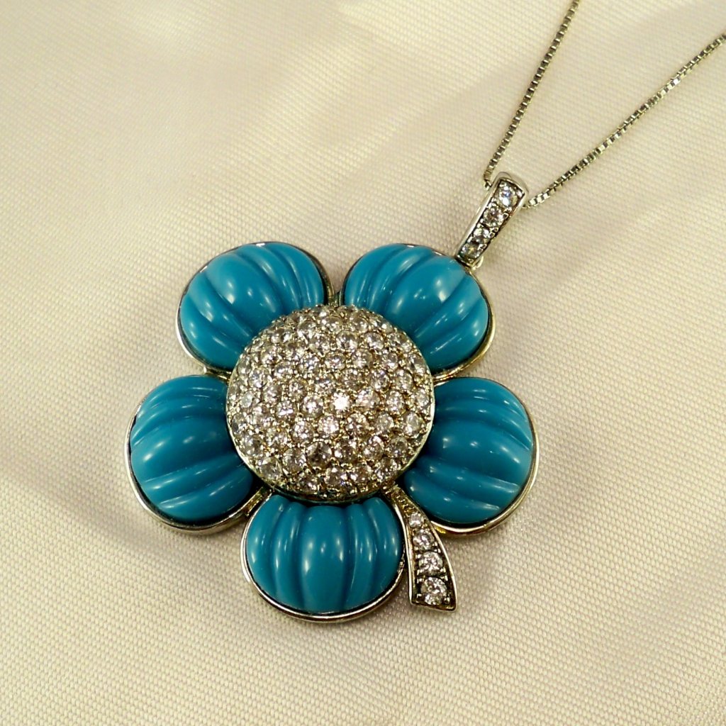 New Vintage S Somers Acrylic Turquoise Flower Cubic Zirconias Silver Necklace 64$